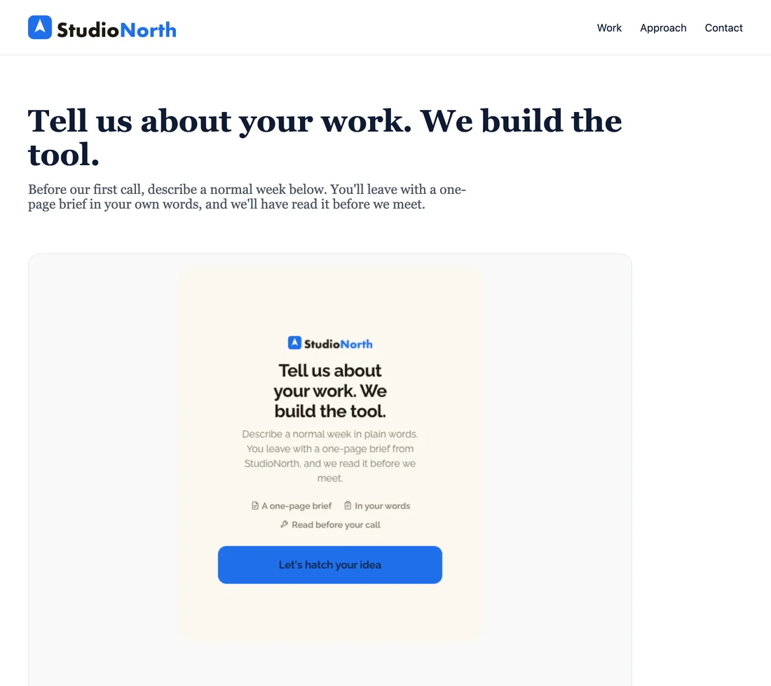 A consulting studio's own website with the Henway discovery flow embedded under the studio's brand