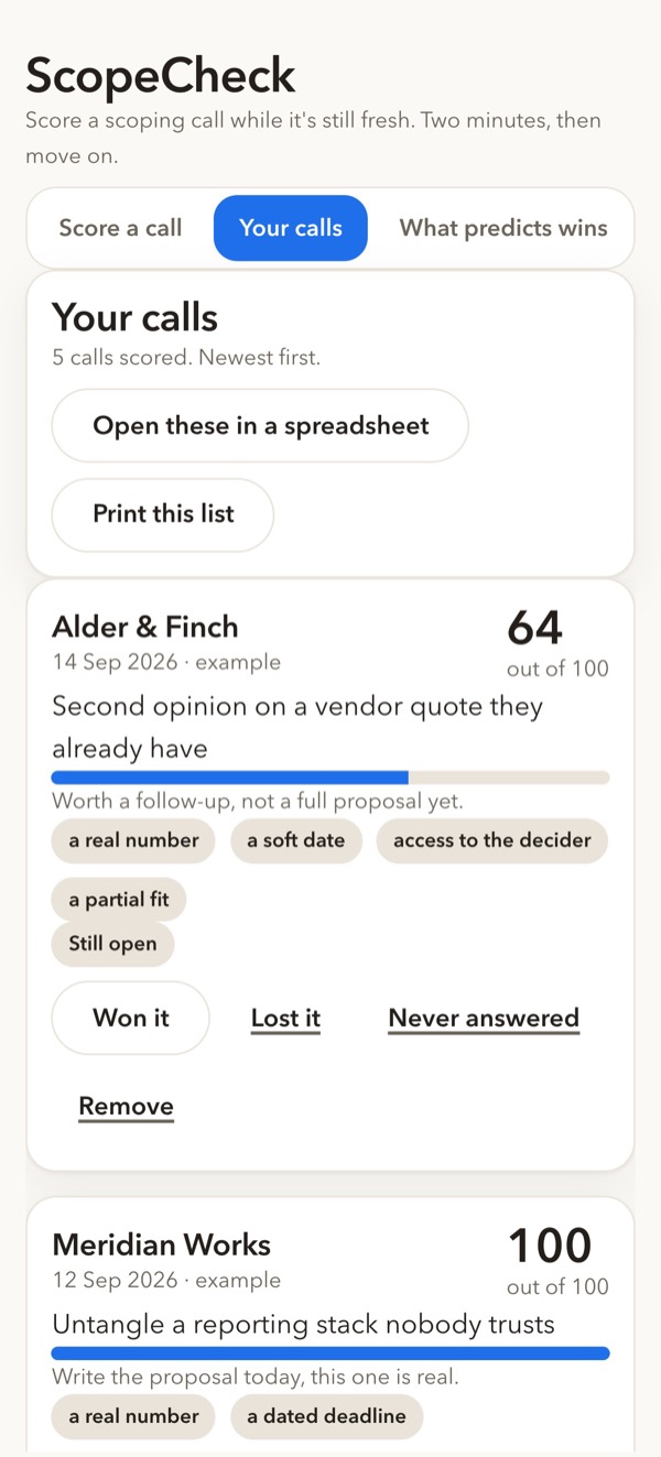 ScopeCheck on a phone, showing open it in a spreadsheet