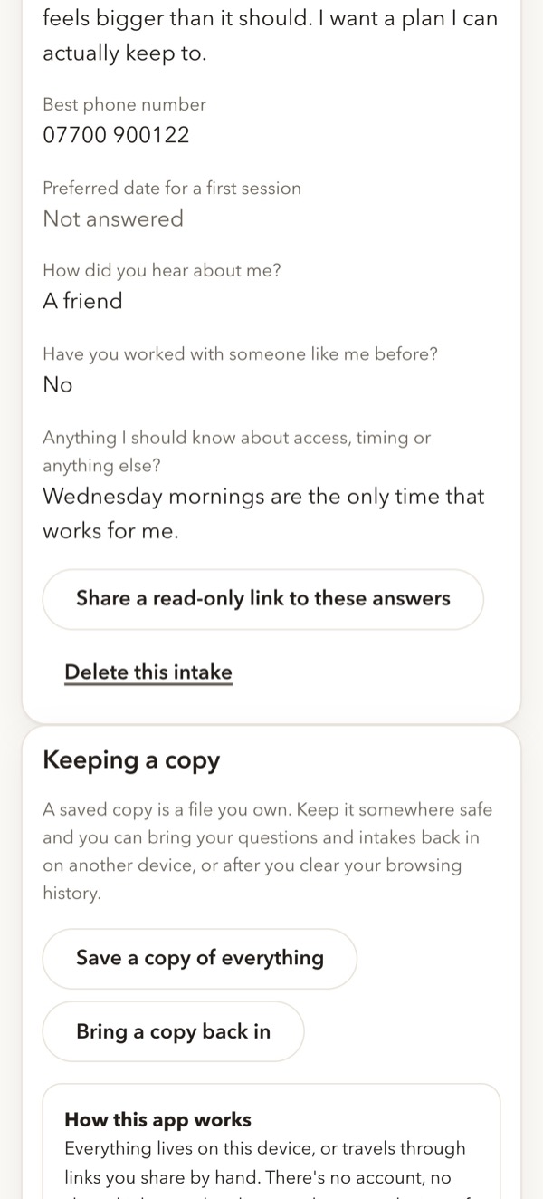 IntakeOne on a phone, showing send someone a link