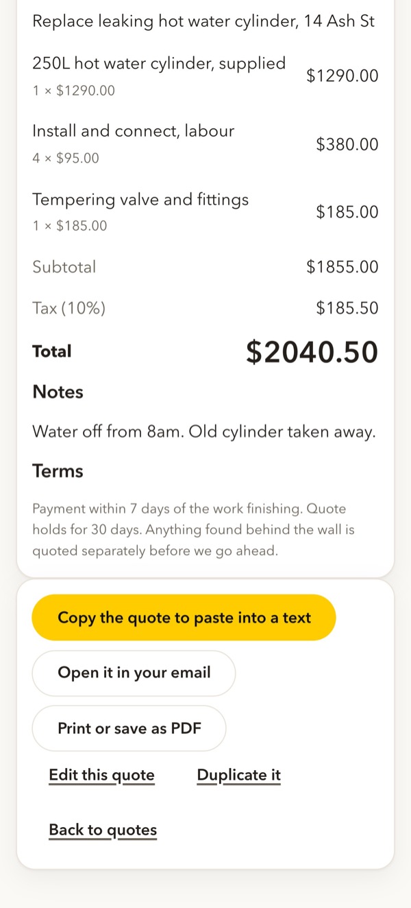 QuoteSheet on a phone, showing open your email, filled in