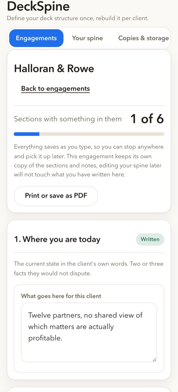 DeckSpine on a phone, showing print it, or save a pdf