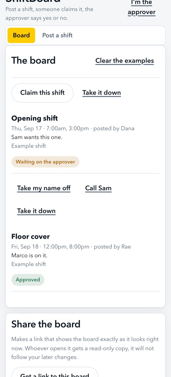 ShiftBoard on a phone, showing tap to call