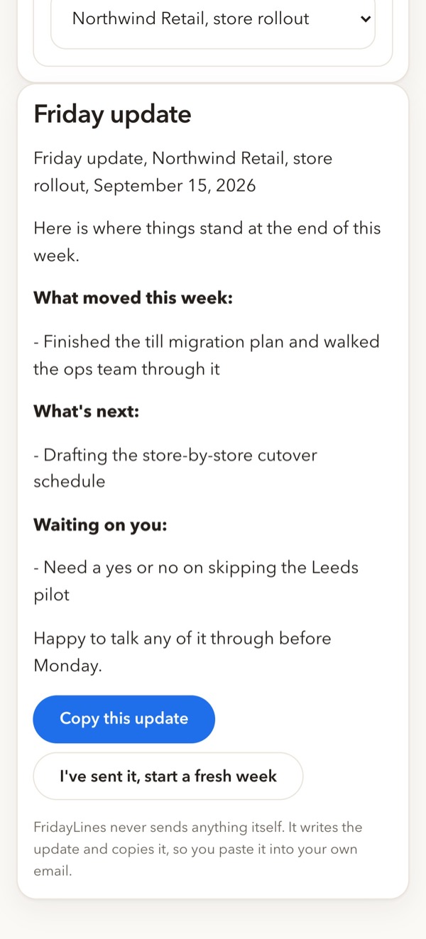FridayLines on a phone, showing copy the words out